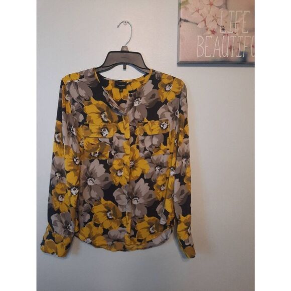 Who What Wear Yellow Black Floral Button Up Long Sleeve Blouse Size S - Picture 1 of 3